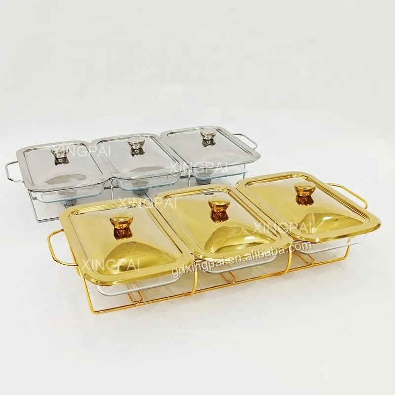 

1,5 л * 3 прямоугольная термостойкая стеклянная обеденная плита, жаровня для спирта, золотой горшок для шведского стола с подогревом, шведская плита с крышкой
