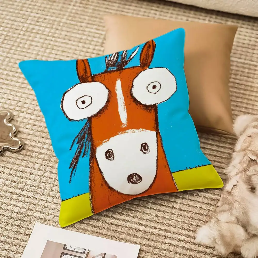 Cute Abstract Cartoon Animal Peach Skin Throw Pillow Covers, Funny Big Eyed Horse Panda Cow Graffiti Square Cushion Cases, Color
