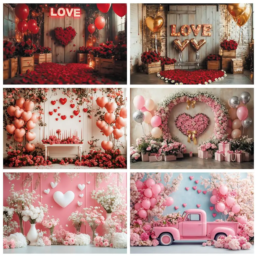 

Valentine's Day Couple Portrait Photography Background Love Heart Balloons Flowers Car February 14th Party Decor Photo Backdrop
