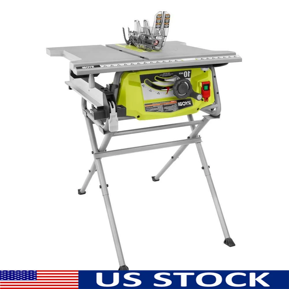 

10" Table Saw Folding Stand Integrated Storage Steel Roll Cage 15A Motor Aluminum Blade Wood Power Brake