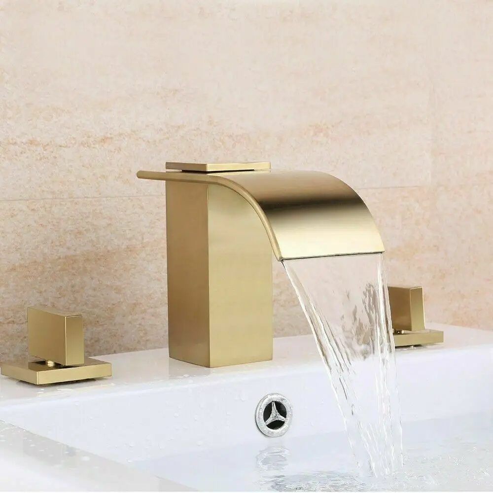 Free ship Brushed Gold Waterfall Widespread Sink Faucet Double Handle Knob Bathroom  tap 3 Holes