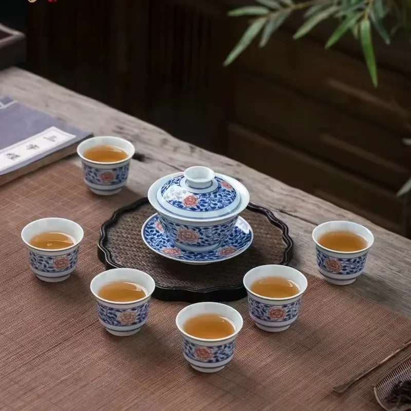 Handmade Blue and White Ceramic Tea Set 7 Pieces Underglaze Lotus Pattern High Quality Porcelain Teaware for Family