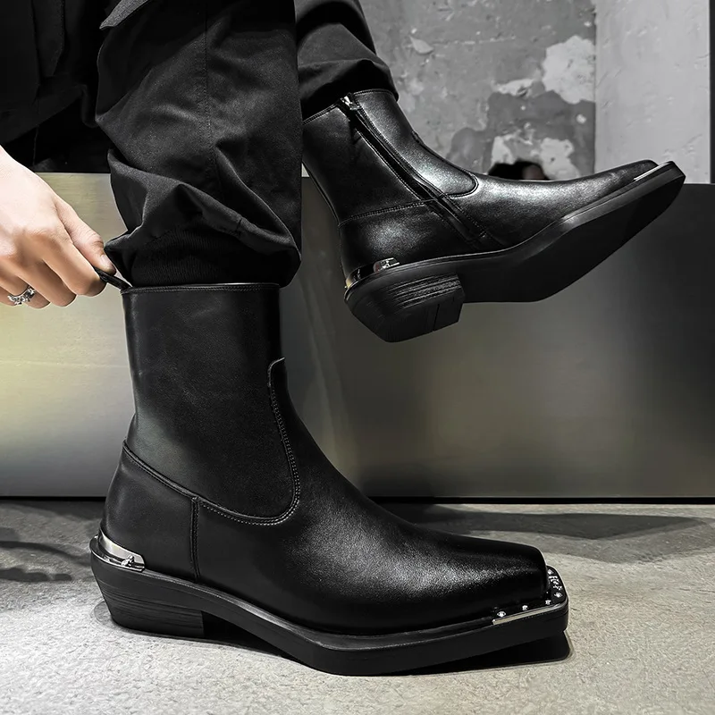 England style men stage nightclub high chelsea boots designer square toe shoes cowboy natural leather boot cool motorcycle botas