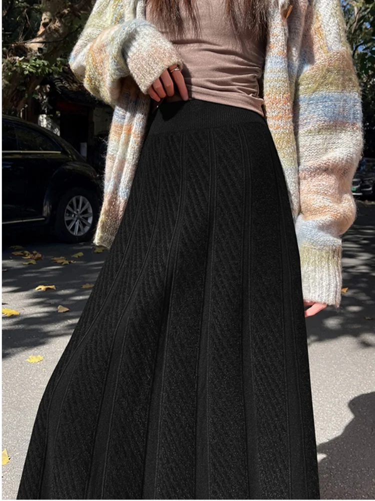 SMTHMA جديد الخريف الشتاء فرو المنك تقسم محبوك تنورة للنساء لينة عالية الخصر ألف خط كبير سوينغ متماسكة تنورة طويلة
