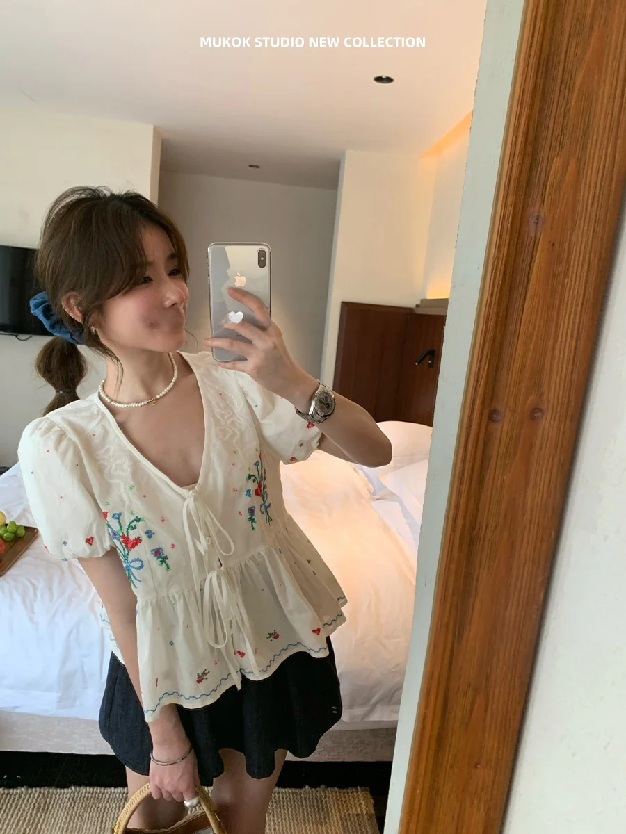 

MUKOK Embroidered Linen Cotton Top V-ne Skirt Design Heavy Embroidery Work ort Sve Women's Summer irt
