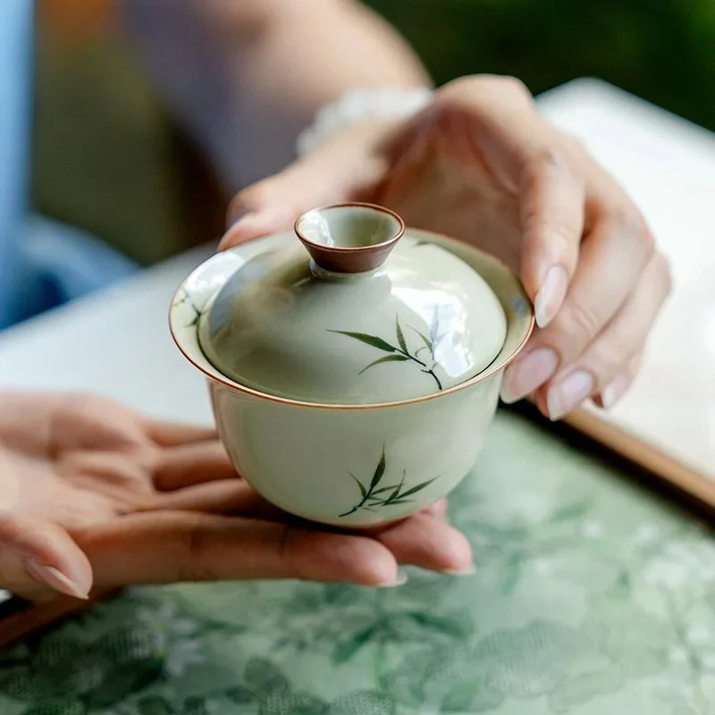 120ml Plant Ash Hand-painted Bamboo Gaiwan Retro  Tureen Bowl With Lid Kit  Making Cover Bowl Ceremony Decoration