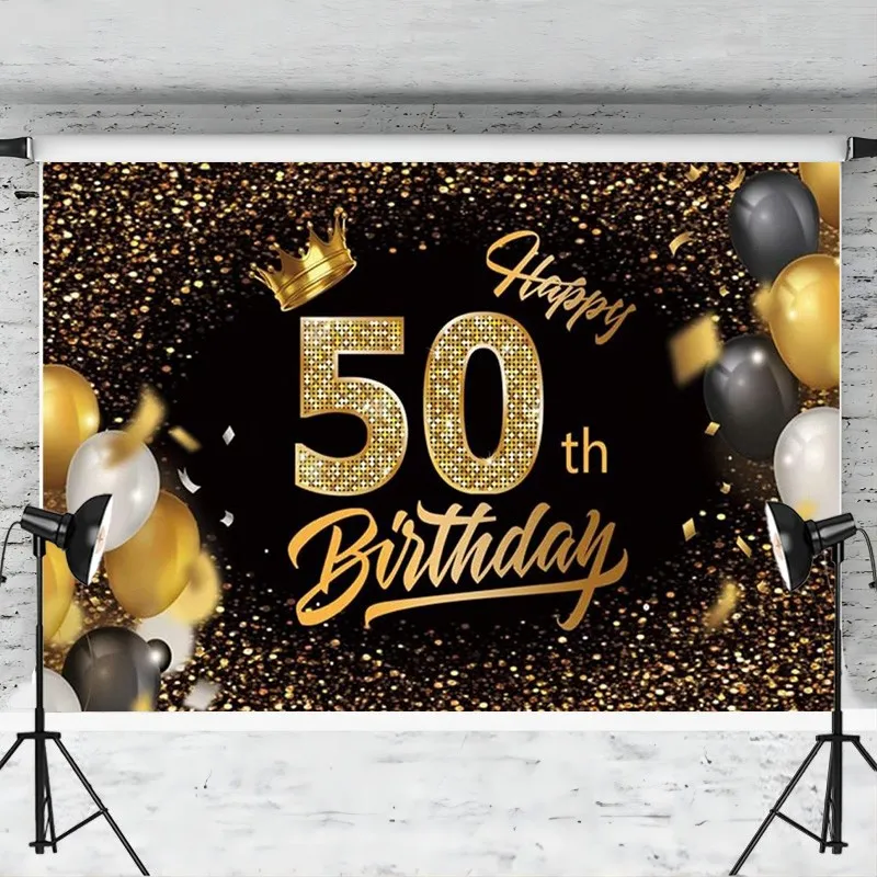 Happy 50th Birthday Backdrop Banner Decoration Black and Gold 50 Year Old Birthday Photo Background Party Supplies for Women Men