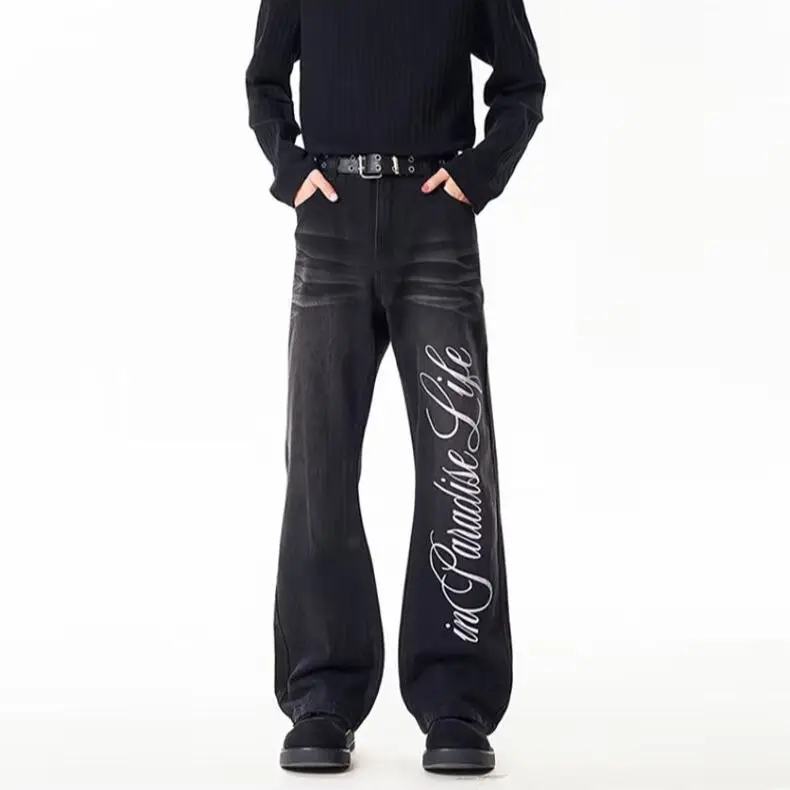 Men's Letter Print Vintage Jeans 90s Y2k Summer Street Boy Casual Sweatpants Cowboy Pants Male High Waist Denim Trousers