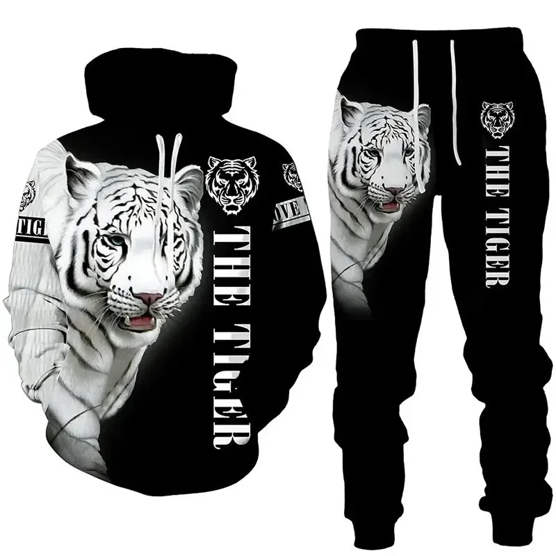 2024 New Men\'s animal tiger Hooded Sweatshirt 3D Printed Men Sportswear pants Two-piece set Autumn fashion Men clothing set