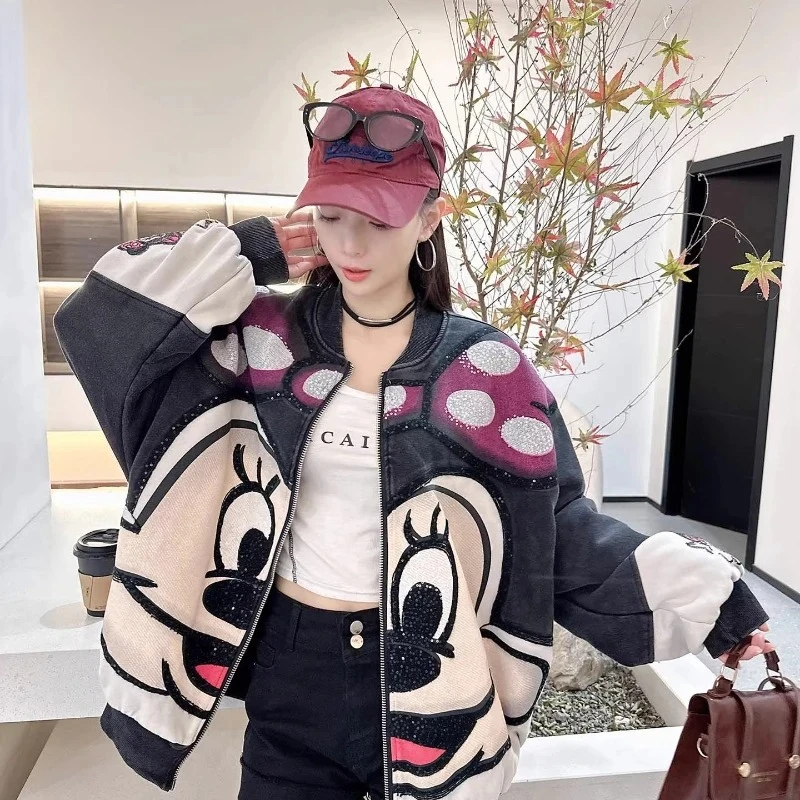 

Модная джинсовая куртка в стиле хип-хоп с Микки Маусом 2026 года – женская оверсайз модель с пайетками и элементами пэчворка, мультяшный дизайн, омолаживающий, стильный, высококачественный топ