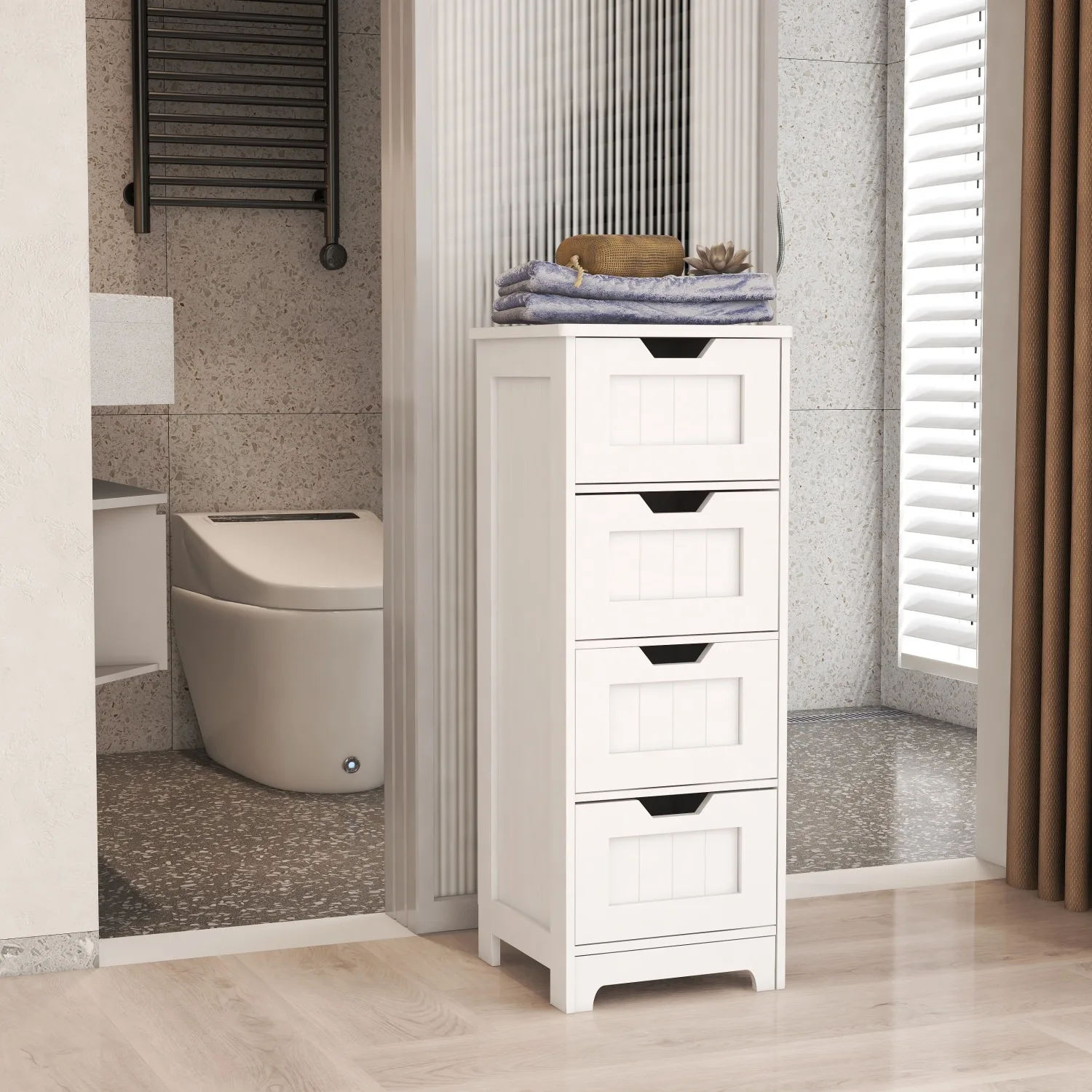 White freestanding storage cabinet with 4 drawers, suitable for bathroom, living room, kitchen