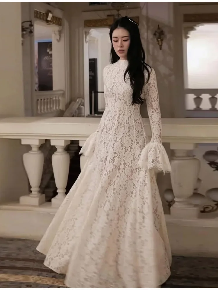 Neues Elegantes Rollkragen-Spitzen-Maxikleid, Dezentes Vintage-Trendkleid für Damen, Abendkleid für Hochzeitsgäste, Formelle Straßenkleidung, Weiches Tragegefühl – Detail 5