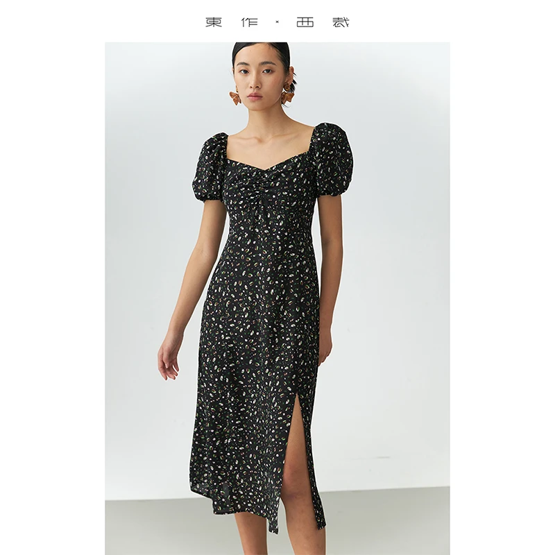 

2025 New Summer Short-Sleeved French Silk Floral Skirt Mulberry Silk Puff Sleeve Dress