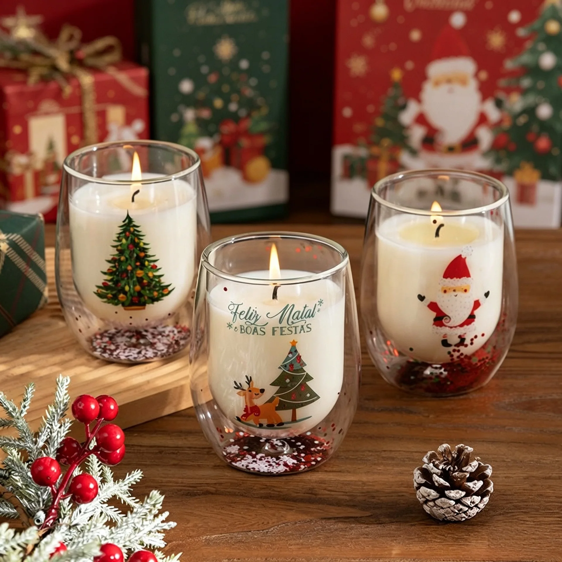 Christmas Themed Double Layer Aroma Candle Flowing Sequin Soy Wax Essential Oil Scented Candle Creative Holiday Gift