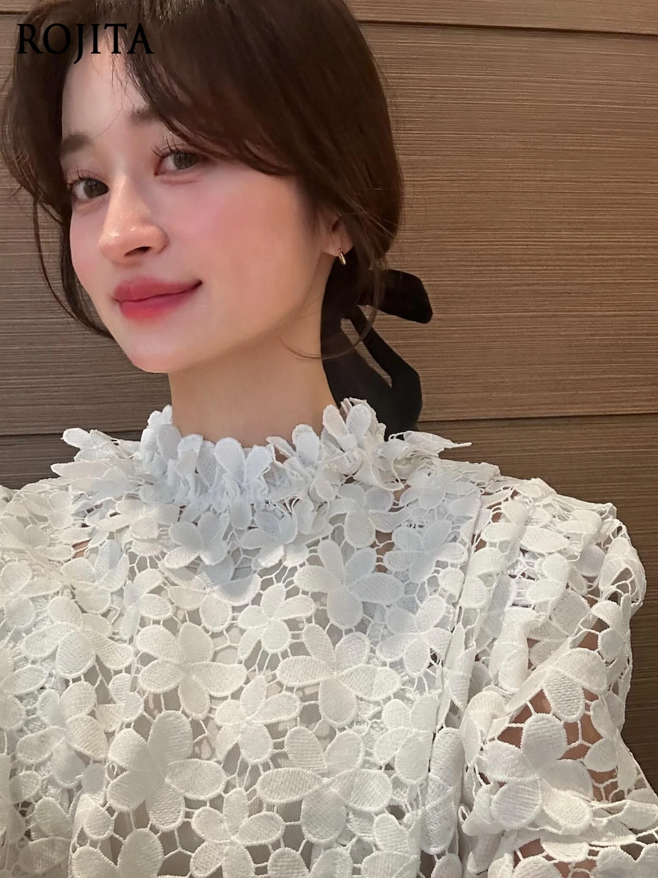 

White Shirt Water-Soluble Lace 3D Embroidery Hand-Cut Floral Hollow Bell Sleeve Blouse Womens Tops and Blouses