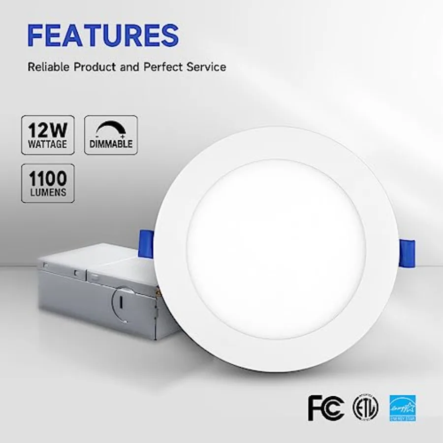 6 Inch Slim Recessed Lighting with Junction Box, Dimmable Recessed Can Lights,,12W 1100Lm Dimmable LED Downlight, ETL and FCC L