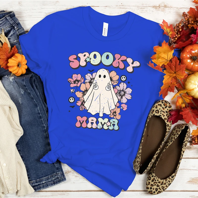 Spooky Mama Print Women T Shirt Funny Graphic Streetwears Halloween Summer Short Sleeve T-shirts Halloween Boo Horror Clothes