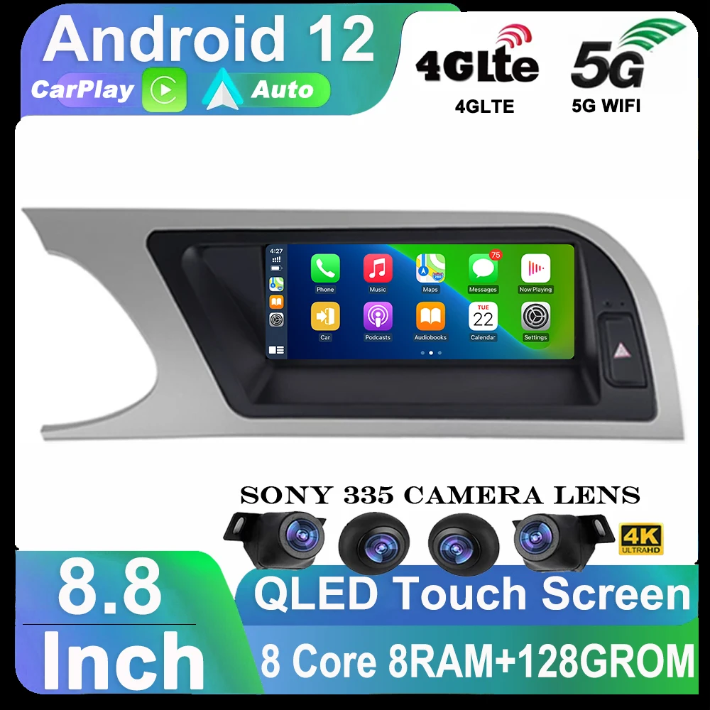 Lettore radio automatico Android 12 da 8,8 pollici CarPlay per Audi A4 A5 A6 Q7 MMI 2G Schermo rosso di base Navigazione GPS DSP Stereo WiFi QLED