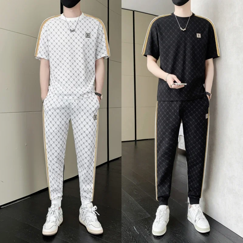 Men 2PCS Golf Sets Tracksuit Summer Short Sleeve T-Shirt + Jogger Pants Casual Striped Side Sportswear Streetwear Golf Clothing