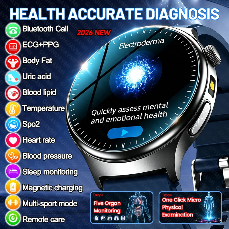 New EDA Skin Electric ECG Accurate Diagnosis Smart Watch Men Uric Acid Blood Fat BP Five Organs SpO2 Monitor BT Call Smartwatch
