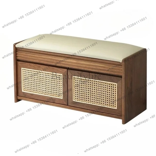 

yj9 Black walnut shoe changing stool shoe cabinet integrated household retro flip storage door shoe stool