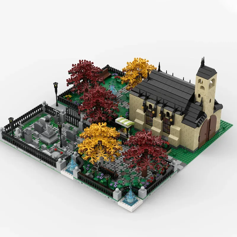 5731PCS Modular Church With Cemetery build from 4 MOCsConstruction DIY Education creative Children Brick Toy Birthday Gift Block