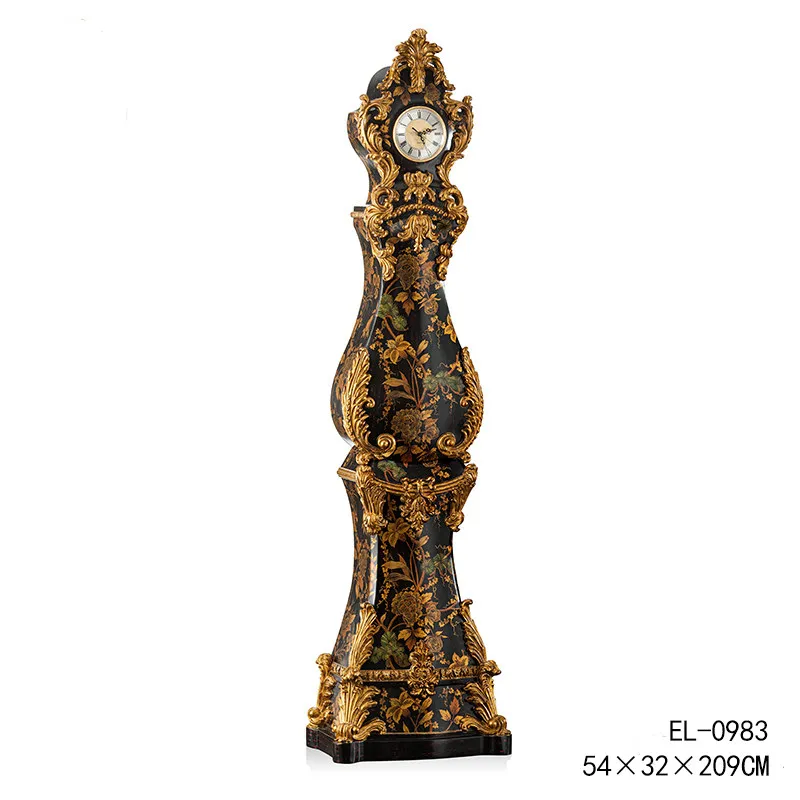 Heavy industry carving retro brown, villa living room decoration luxury, flower shadow series floor clock