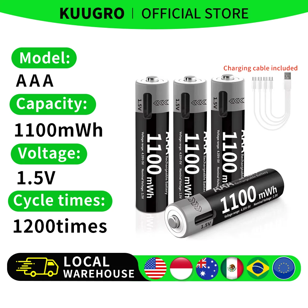Kuugro 1.5V AAA USB Li-ion Rechargeable Battery Aaa 1.5V 1100mWh Lithium Batteries with 4-in-1 Cable for Toys Camera Flashlight
