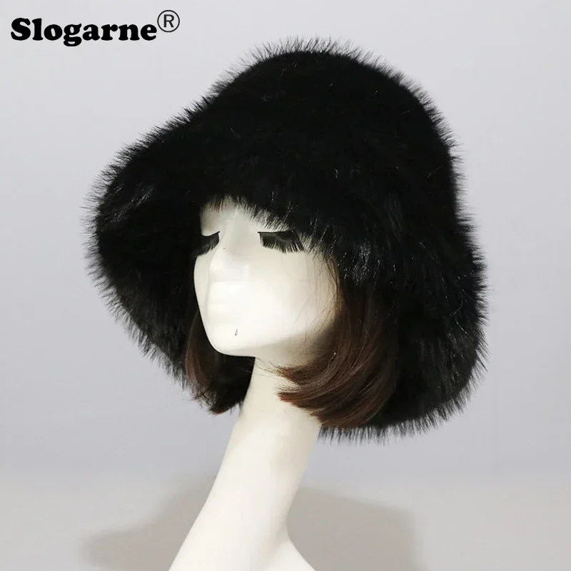 New Faux Fox Fur Hat Women Winter Furry Caps Colorful Ear Protector Big Wide American Hats Grils Fluffy Fashion Ski Bucket Hats