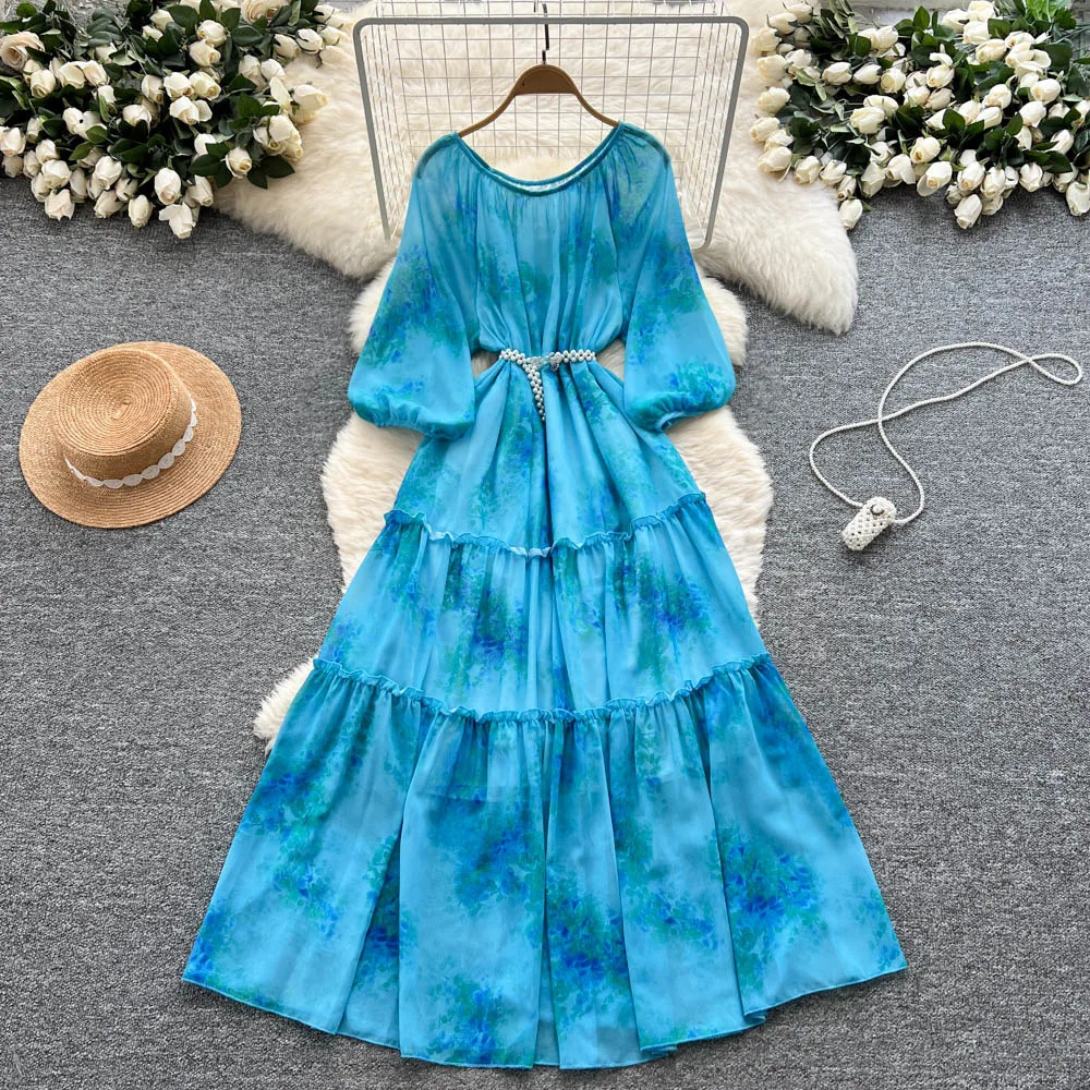 롱 드레스 여성 드레스 플라워 프린트 A라인 베스티도 스트리트웨어 웨딩 긴팔 우아한 스플라이스 Y2K 하이웨이스트 워크 2025