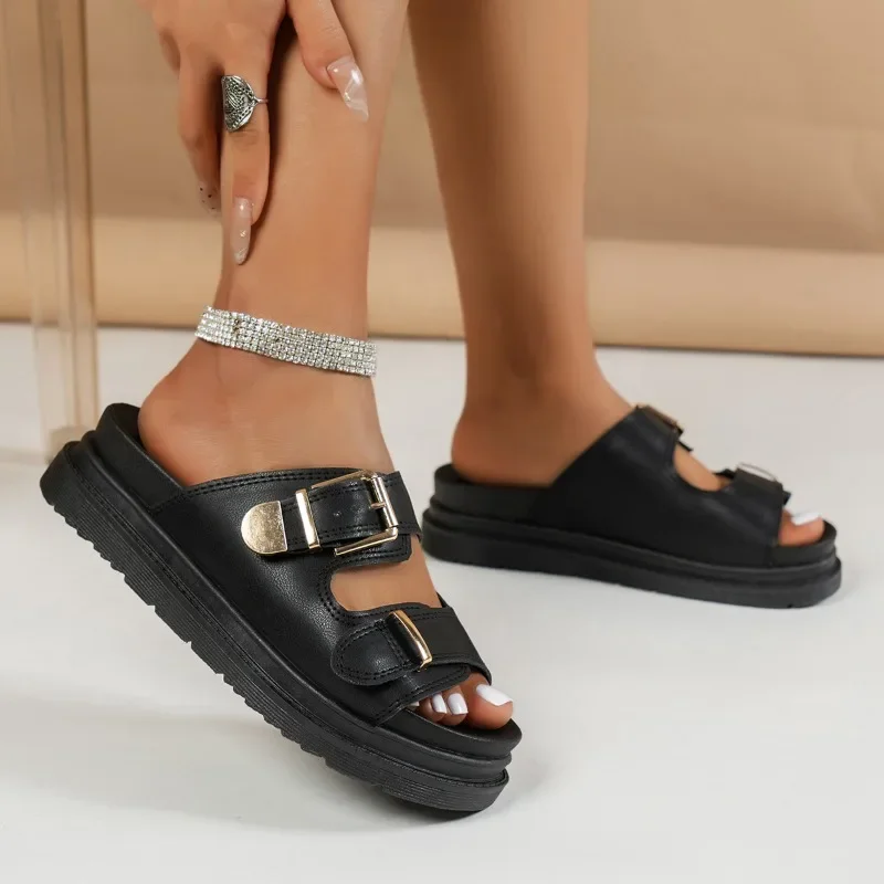 Ladies Shoes on Sale 2024 Brand Summer Women\'s Slippers Solid Buckle Decoration Open Toe Mid Heel Water Proof Slippers Women