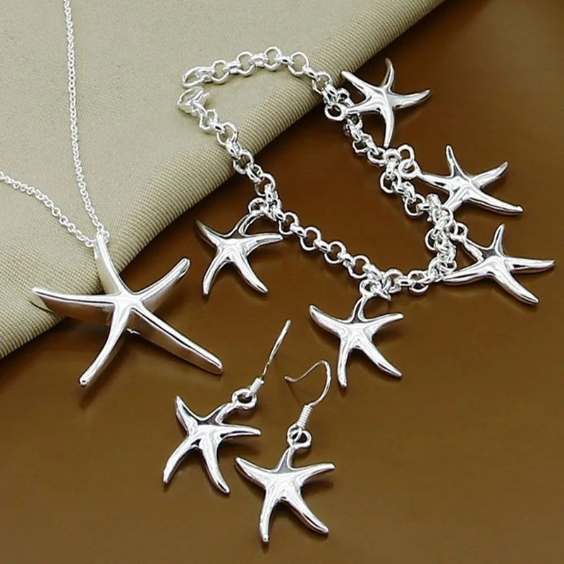

925 Sterling Silver Starfish Necklace Earrings Bracelet Set Birthday Anniversary Wedding Party Gift