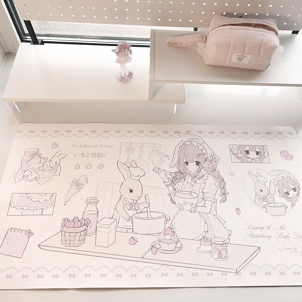 Strawberry Diary Cake Sweet Bunny Girl Korean ins  PU Leather Mouse Pad | Home Office Desk Mat for Keyboard & Girls Room Decor