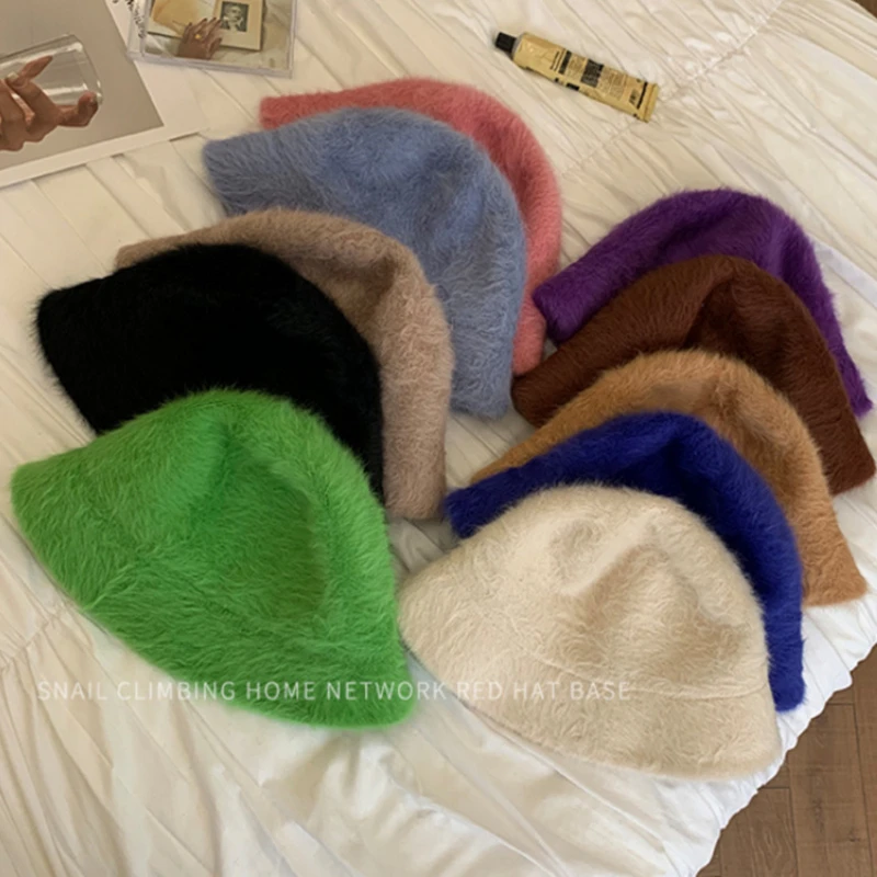 2023New Bob Hat Winter Women\'s Fashion Solid Color Rabbit Fur Hat Bucket Cap Fisherman\'s Hat Retro Knitted Wool Basin Bucket Hat