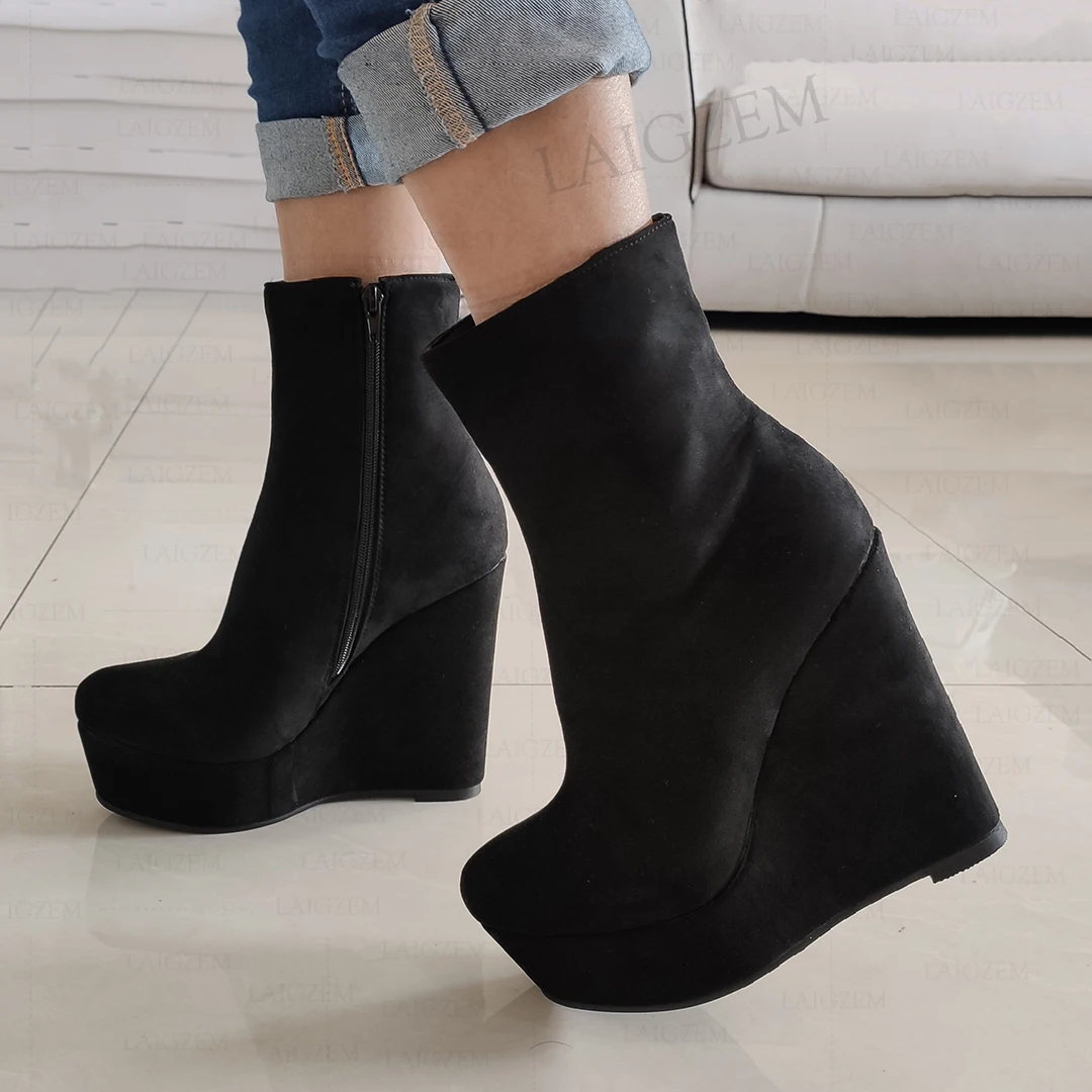 LAIGZEM Women Ankle Boots Faux Suede Platform Wedges Side Zip Short Booties Ladies Height Increase Shoes Woman Big Size 44 46 52