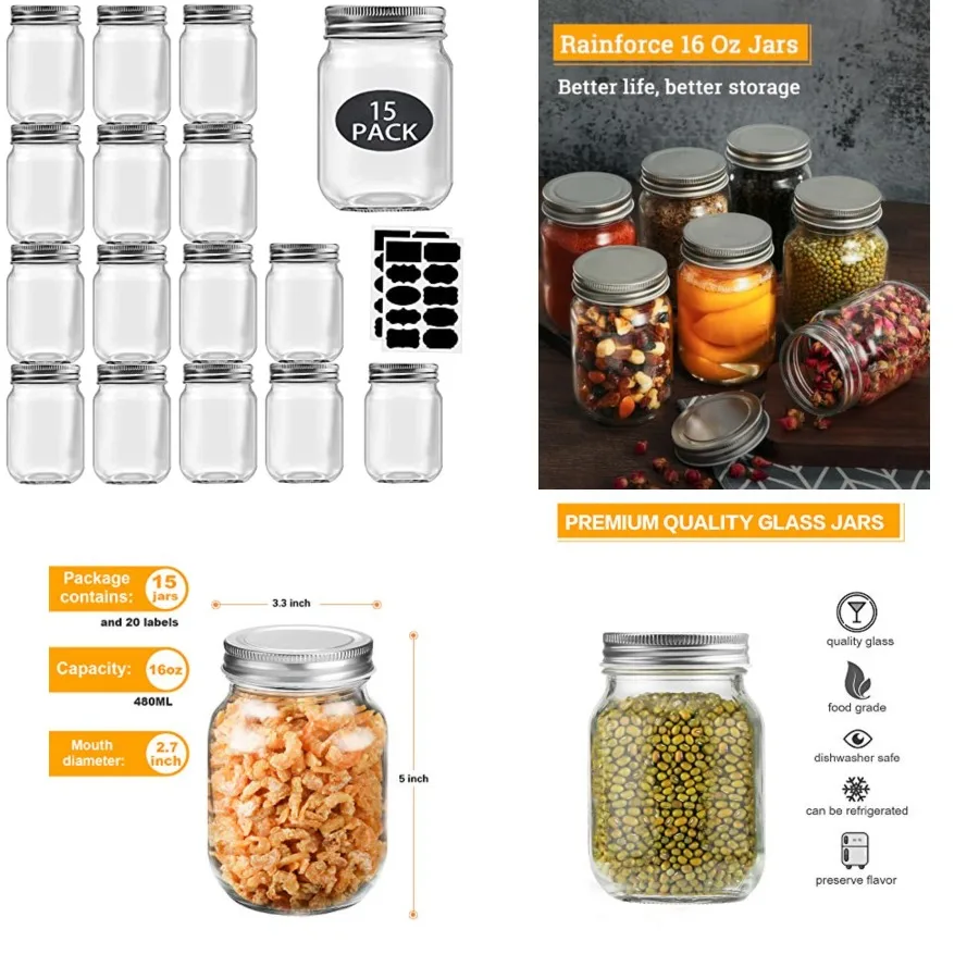 16 oz Mason Jars With Lids Regular Mouth 15 Pack-16oz Glass Jars with Silver Lids, Bulk Pint Clear Glass Jars For Meal Prep, Fo