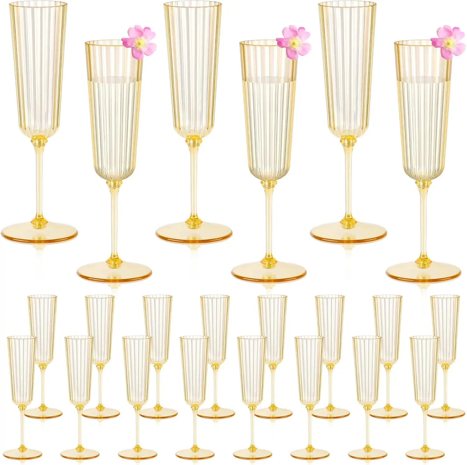 

24 Pack Plastic Champagne Glasses Gold Unbreakable Ribbed Champagne Flutes Detachable 5.5 Oz Disposable Wine Stemware Gl