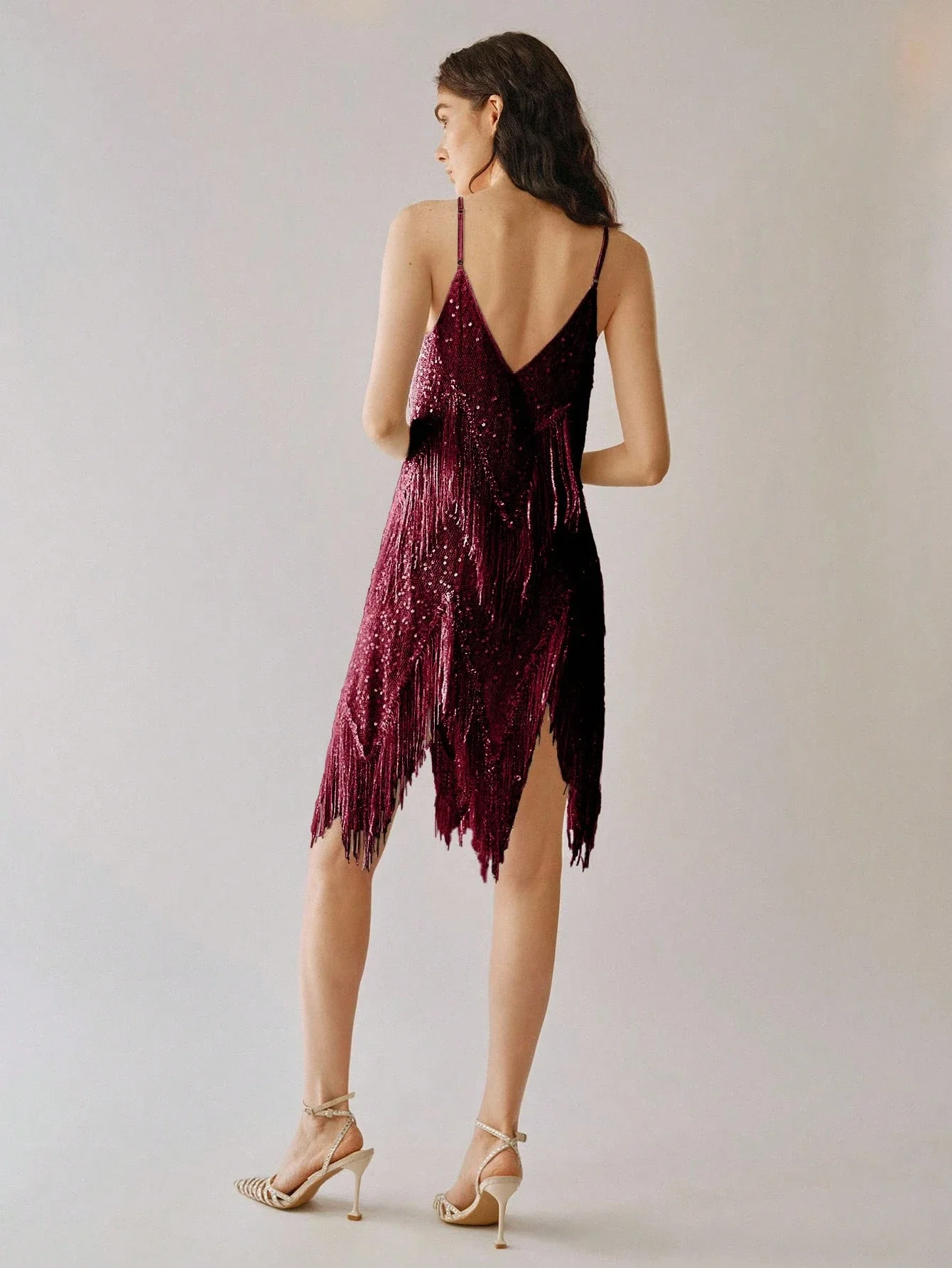 

Women's Spaghetti Strap Sequin V-Neck Tassel Asymmetric Hem Mini Dress