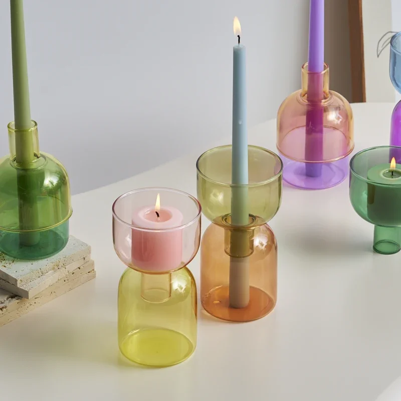 Soporte de vela para pilar, florero de vidrio colorido, tarro de botella decorativo, cuenco de almacenamiento, contenedor de plantas, decoración del