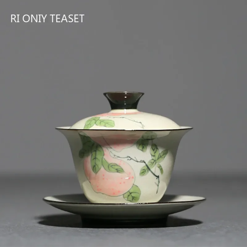 100ml Chinese Handmade Ceramic Tea Tureen Teacup Hand-painted Peach Pattern Gaiwan Porcelain Tea Bowl Travel Portable Teaware