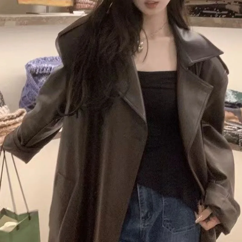 Heavy-duty Leather Mid-length Design Trench Coat for Women 2025 Autumn PU Leather Over-the-knee Coat