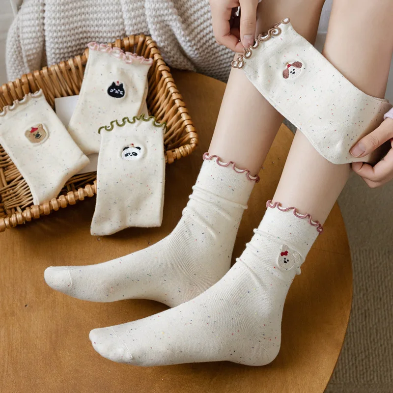 5 Pairs Women's Socks Set Bowknot Socks  Autumn Thin Style S Ins-style Japanese Cute Design Wooden Ear Mid-calf