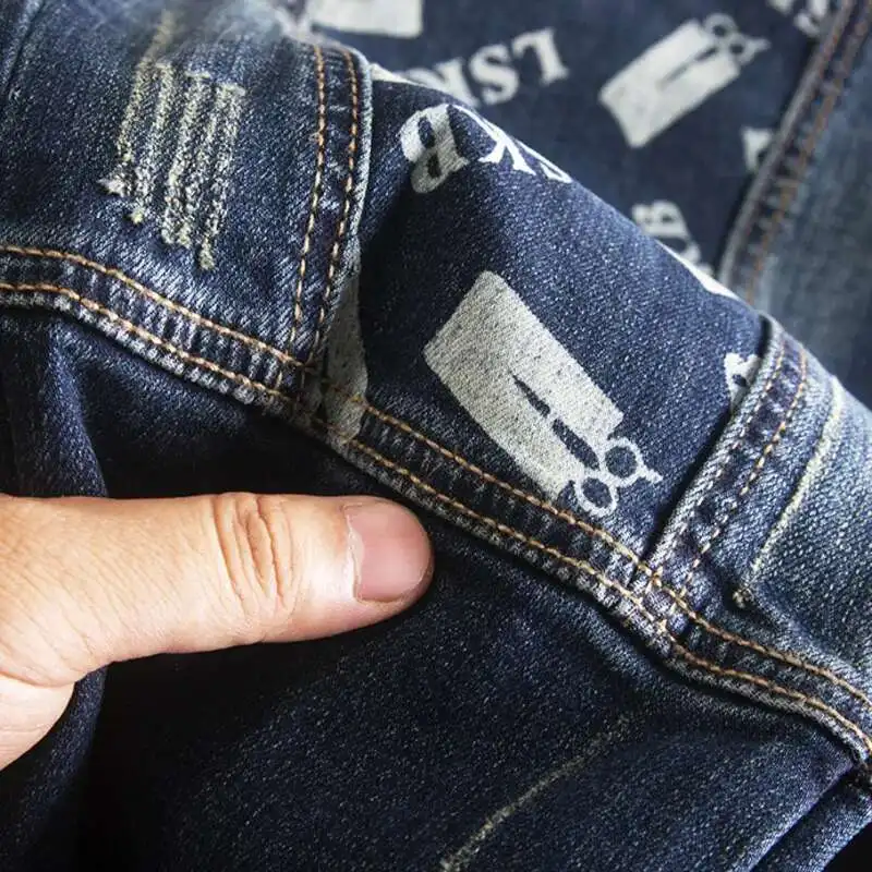 Fashion High Quality High Street Stitching Printed Men\'s Jeans Men Legging Slim Fit Men\'s Jeans American Style Pattern Jeans
