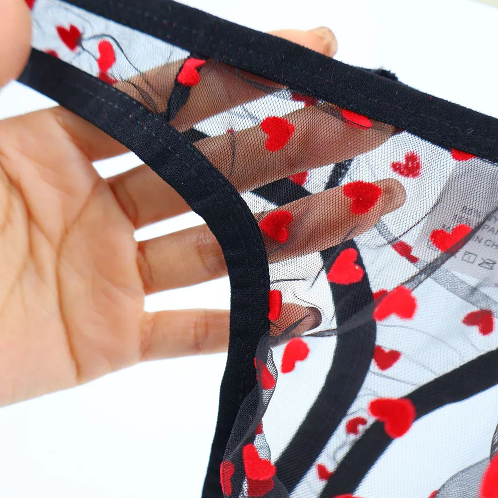 Men's See Through Mesh Heart Printed Thongs T-back G-strings Breathable Ultrathin Underwear Jockstrap Pouch Briefs