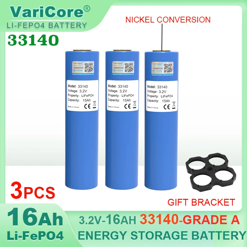 

3pcs 3.2v 33140 15Ah LiFePO4 Lithium Iron Phosphate Battery diy 4s 12v 24V Solar Inverter Boat E-scooter power tools +Nickel