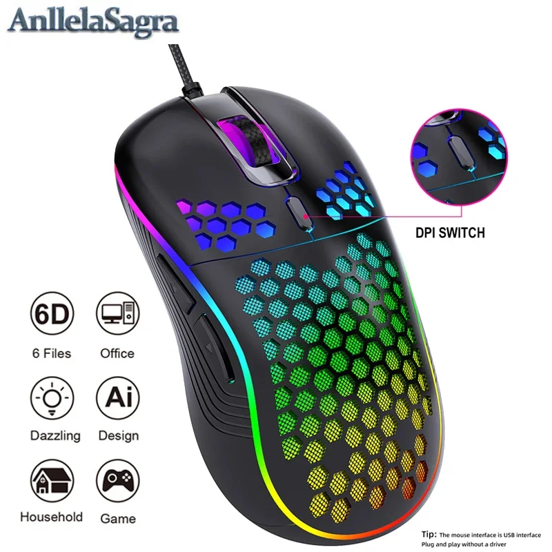 Wired Gaming Mouse Ergonomic RGB Honeycomb Wired Mouse Machinery Optical Sensor Mice For Laptop PC Desktop Compater Mouse Gamer