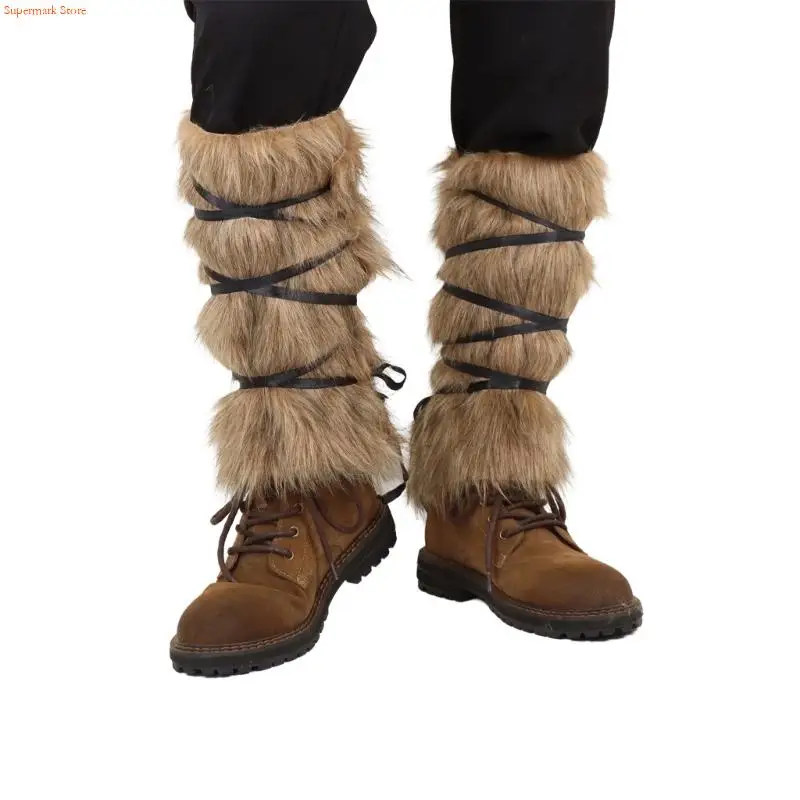 Q5WE Medieval Furry Leg Gaiters with Adjustable Strap Mercenary Leg Guards Leg Warmer for Halloween Cosplay Accessories
