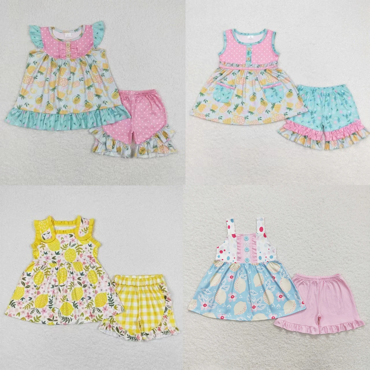 

Wholesale Baby Girl lemons Set Toddler Short Sleeves Floral Tunic Kids Ruffle Shorts Children Summer Infant Two Pieces Outfit