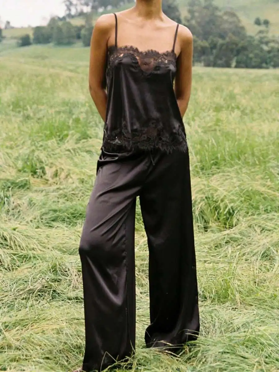 

Women 2 Piece Lace Satin Lounge Set Spaghetti Strap Top Wide Leg Pants Soft Sleepwear Loungewear