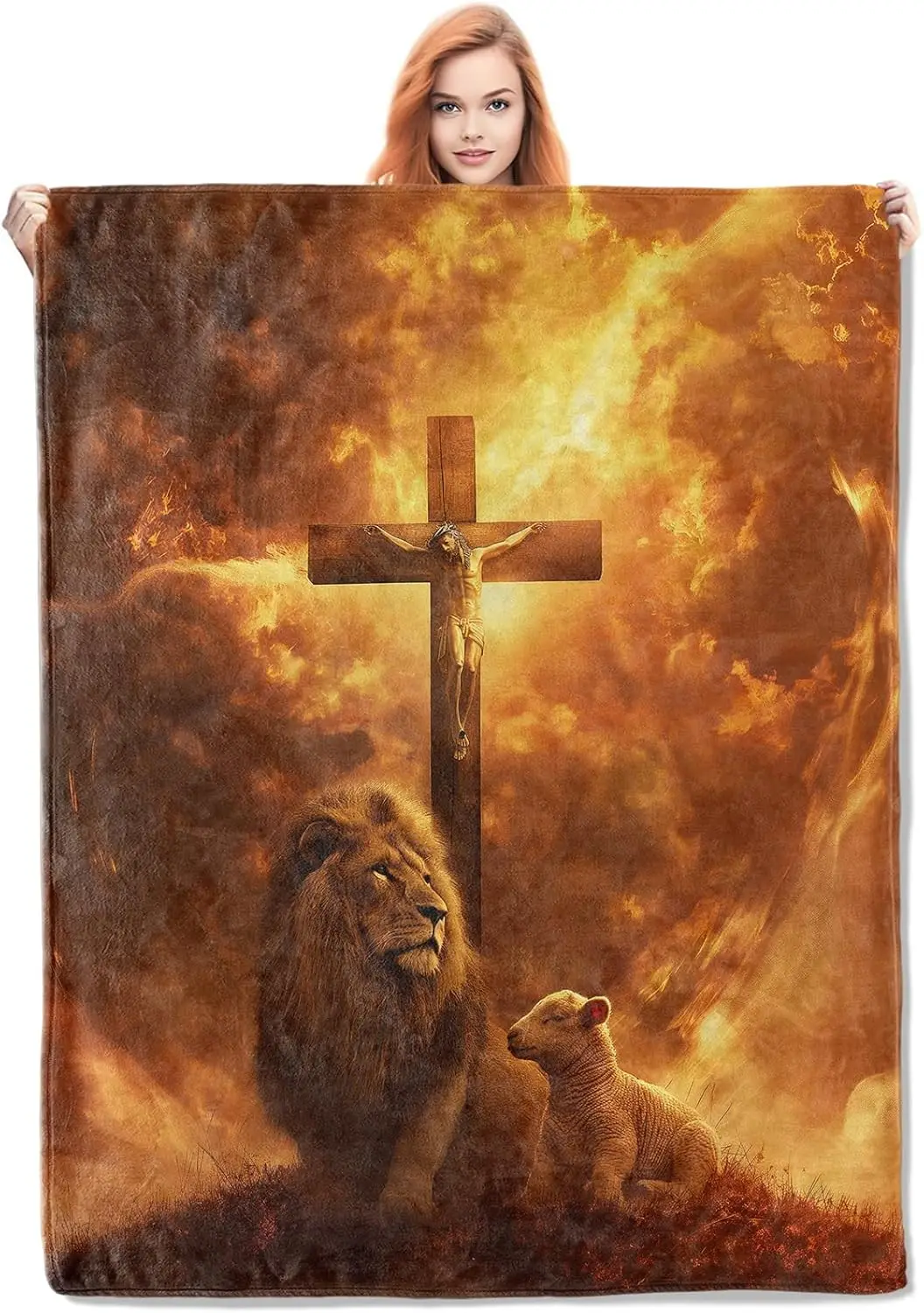 Christian Blanket,Lion and Lamb Flannel Throw Blankets,Soft Warm Lightweight Cozy Plush Sunset Cross Throws for Bedroom Sofa